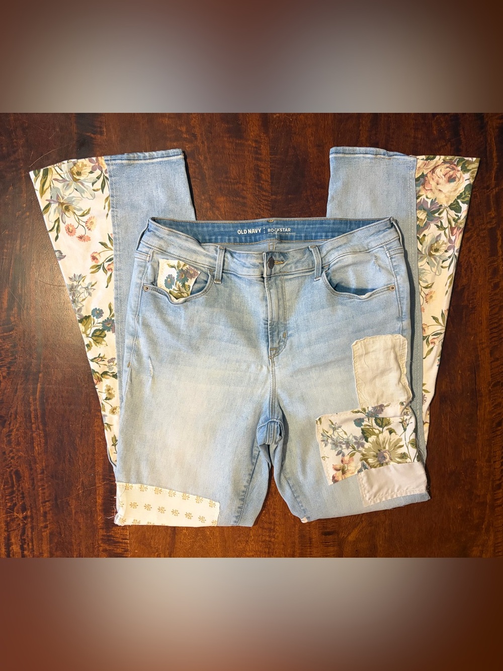 Upcycled Light Blue Flare Jeans, Floral Patchwork in Soft Cream Colors, Size 12T